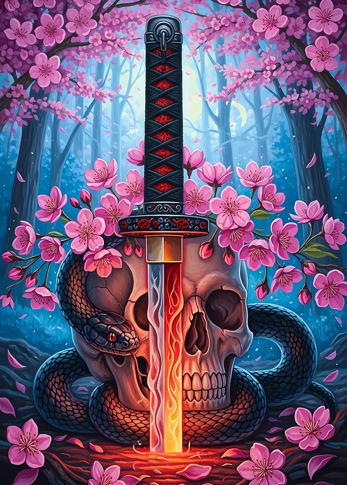 Skull, Katana and Cherry Blossoms