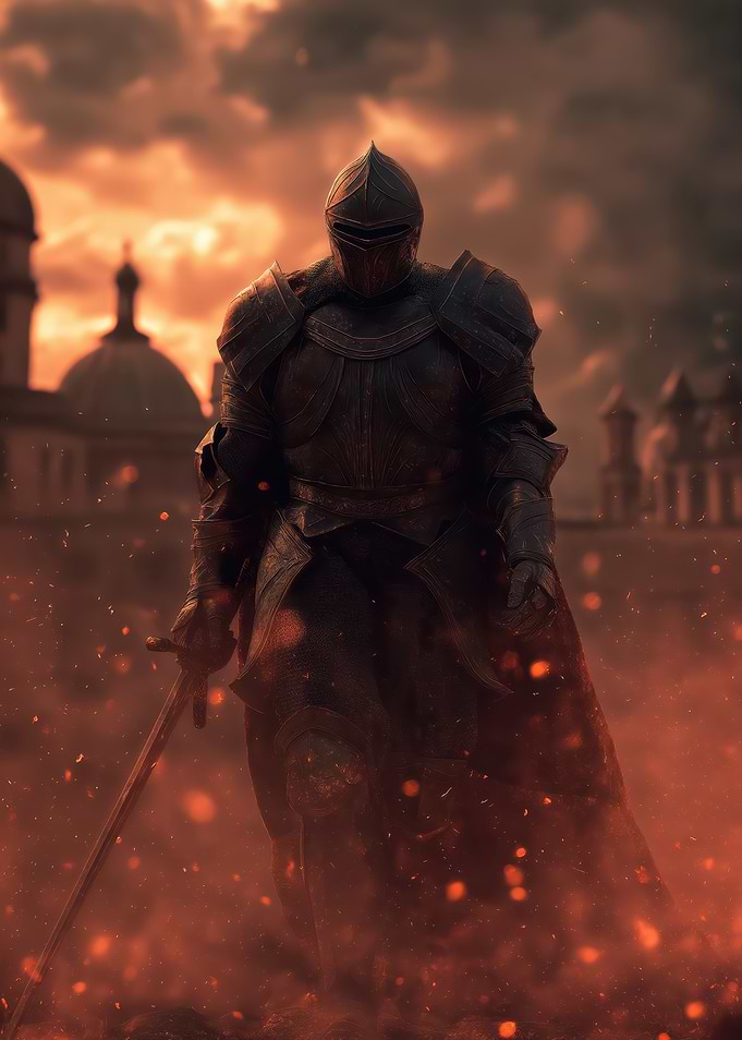 Armored Knight in Fiery Landscape