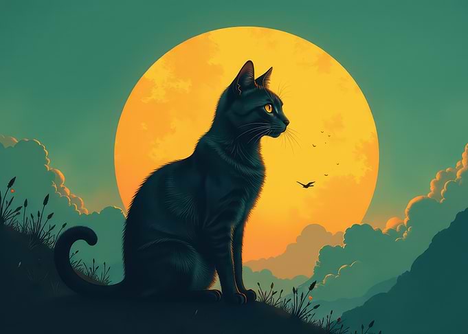 Black Cat Silhouette Against a Full Moon