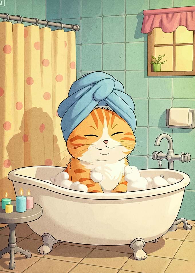 Cat in Bathtub with Towel