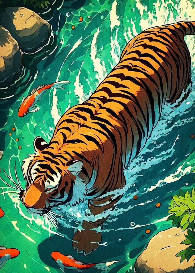 Tiger in Water with Koi Fish