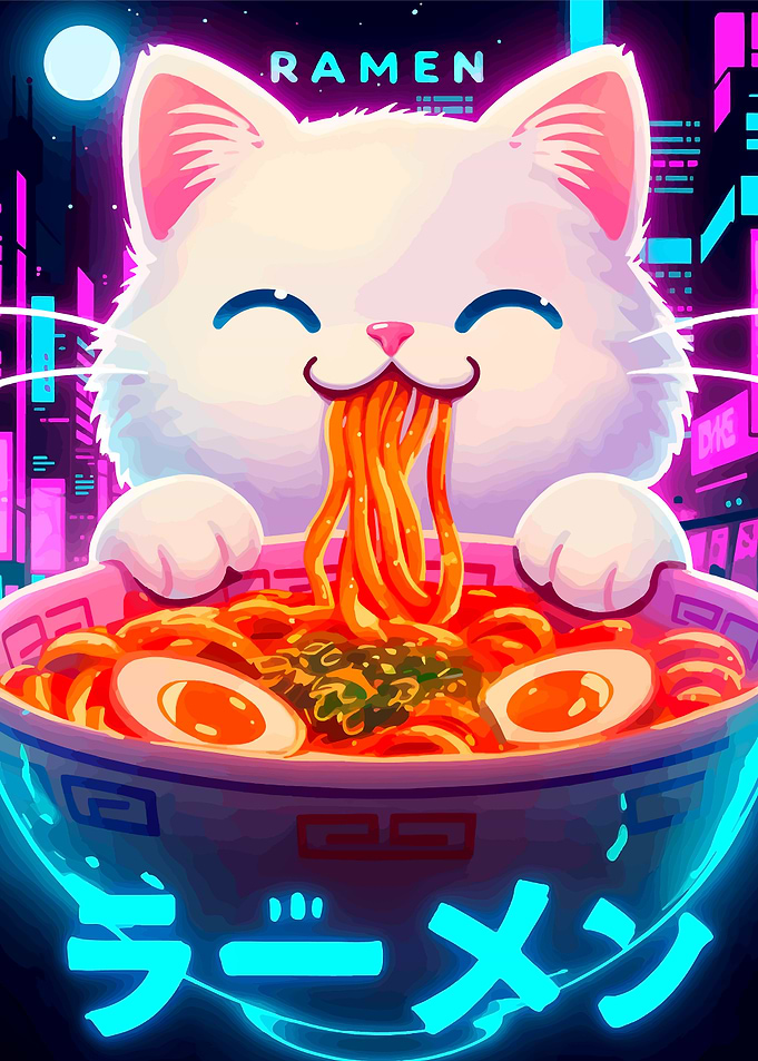 Cat eating ramen in neon city