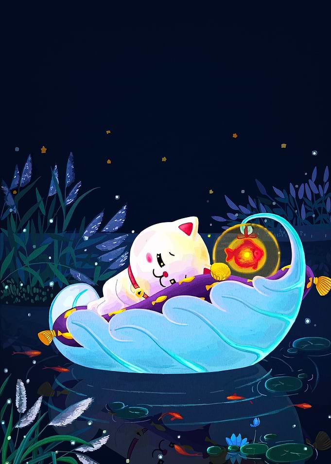 Dreamy Cat on a Pond
