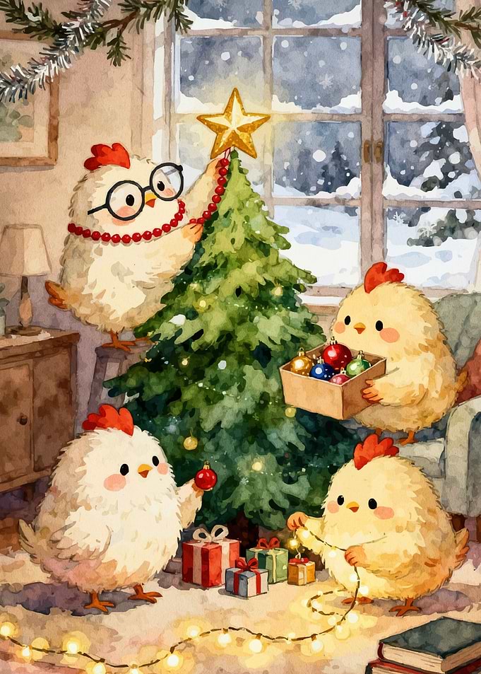 Chickens Decorating Christmas Tree Watercolor