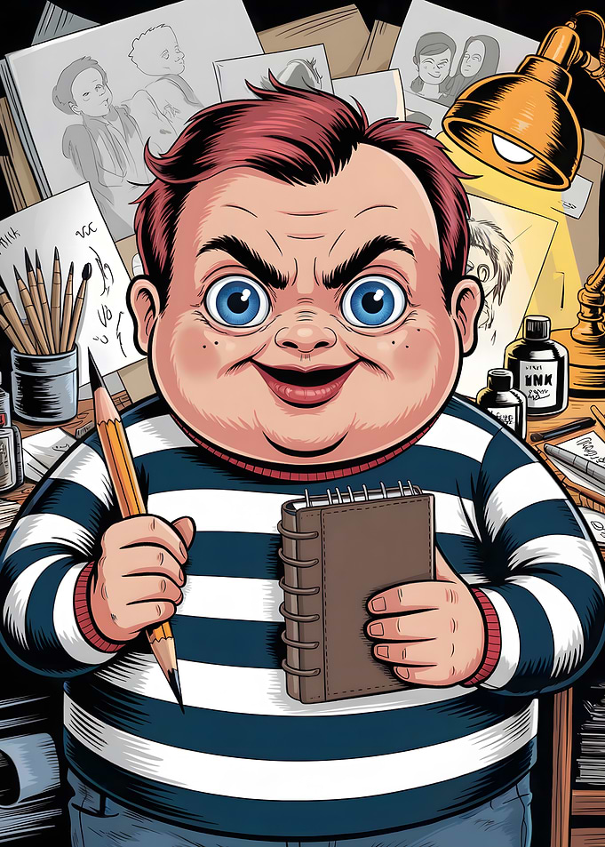 Cartoon Artist with Sketchbook and Pencil