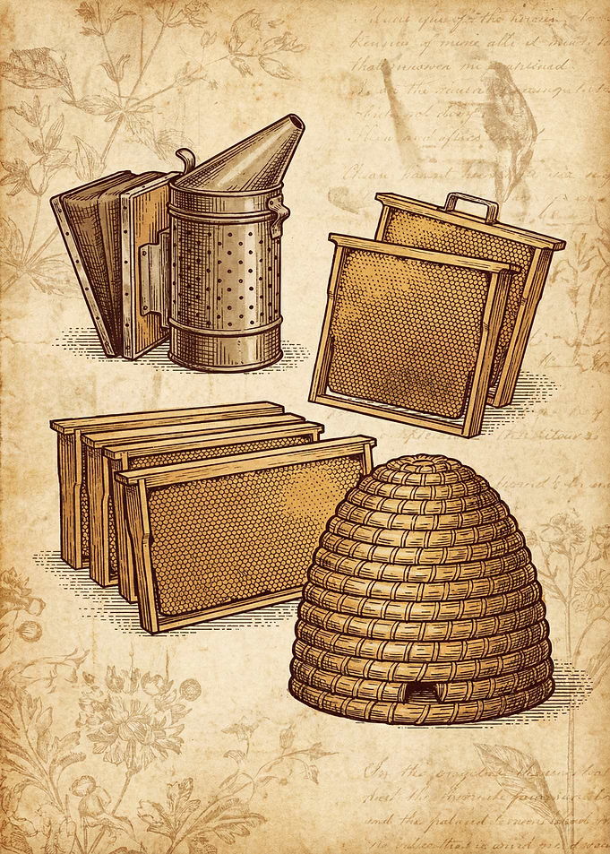 Vintage Beekeeping Equipment Illustration