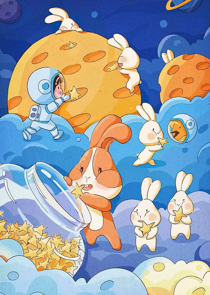 Astronaut, Rabbits, and Stars in Space