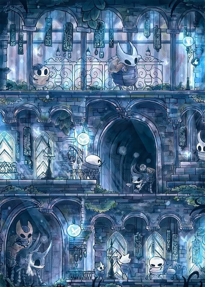 Hollow Knight characters in blue ruins