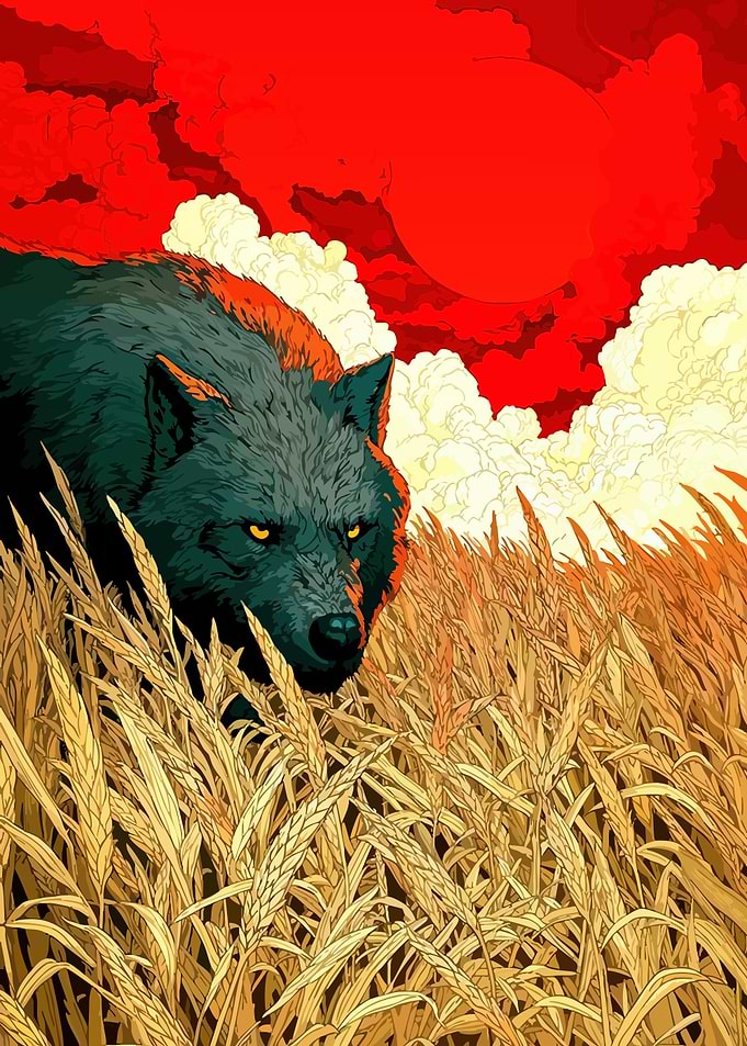 Wolf in Wheat Field with Red Sky