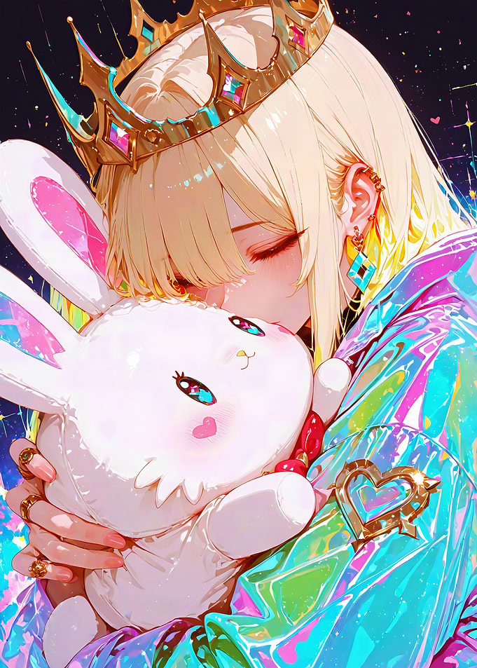 Anime Girl Hugging Bunny with Crown