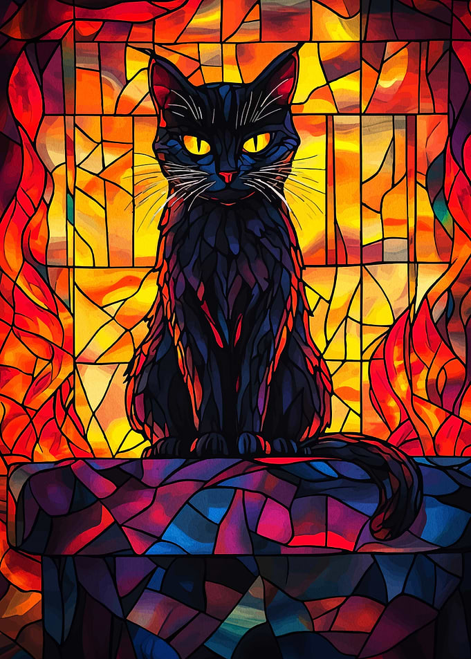 Stained Glass Black Cat Portrait