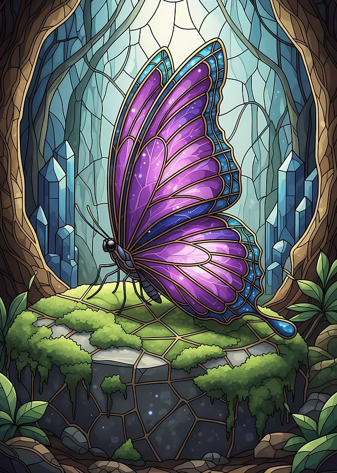 Purple Butterfly on Mossy Stone