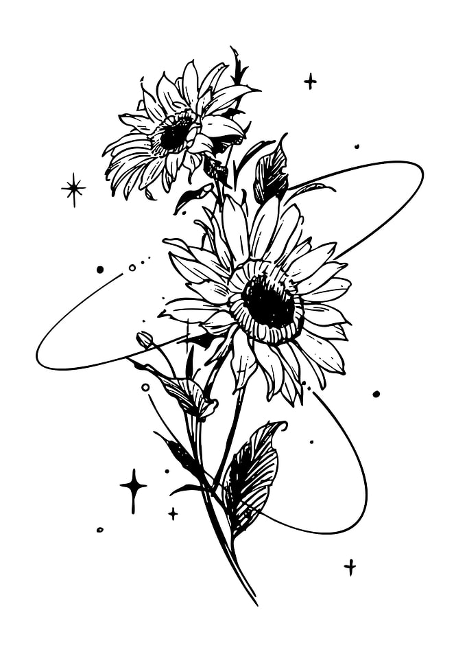 Sunflower Line Art with Celestial Elements