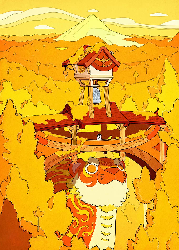 Golden Tiger Temple Landscape Illustration