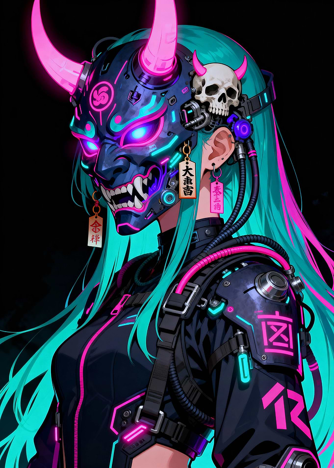Cyberpunk Oni Girl with Neon Mask