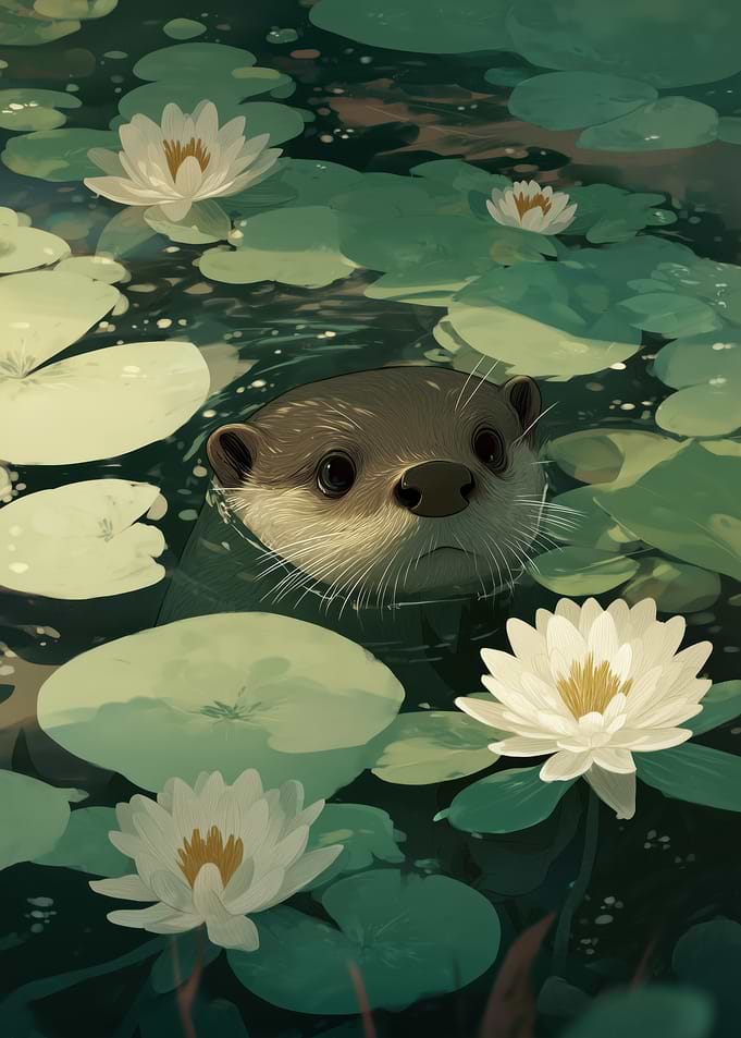 Otter in Lily Pond