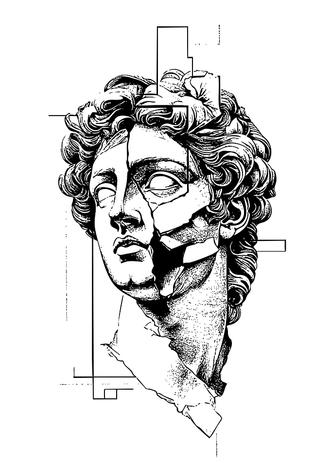 Cracked Statue Head with Geometric Shapes