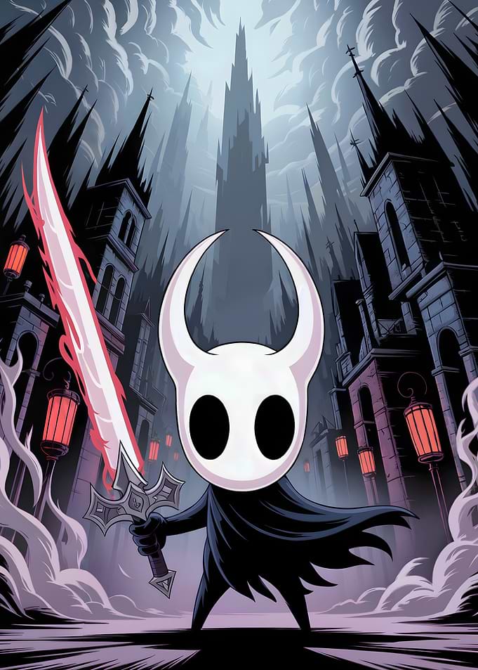 Hollow Knight in Dark Cityscape