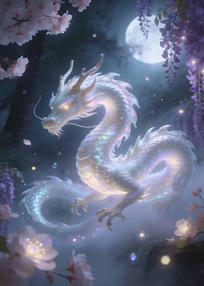 Luminous Dragon in Floral Moonlight