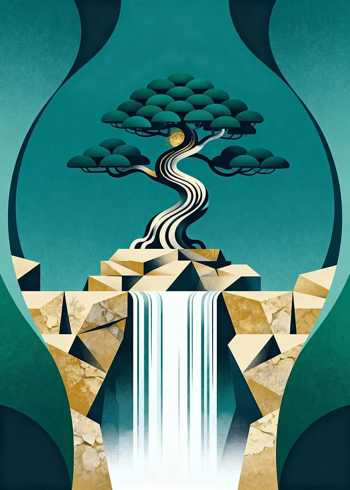 Bonsai Tree and Waterfall Illustration