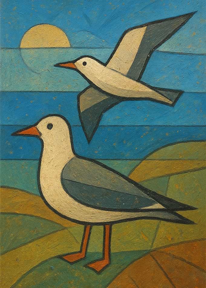 Stylized Seagull Painting with Geometric Landscape