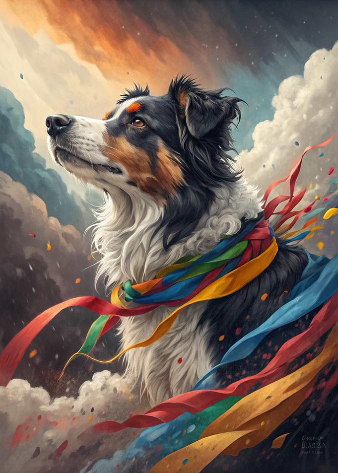 Dog with Rainbow Ribbons in the Sky