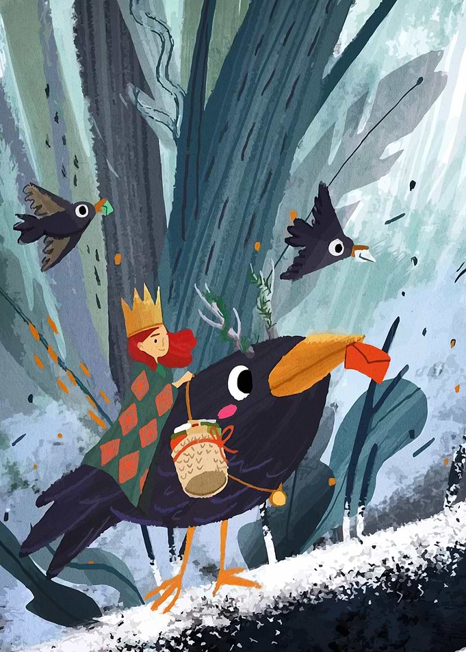 Queen riding a crow in forest