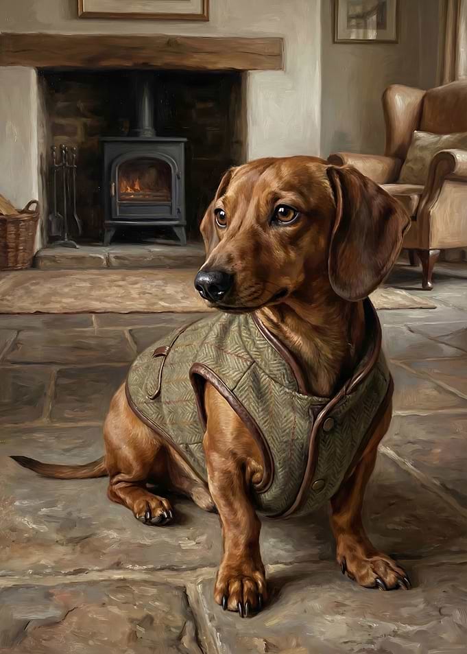 Dachshund in Tweed Vest by Fireplace