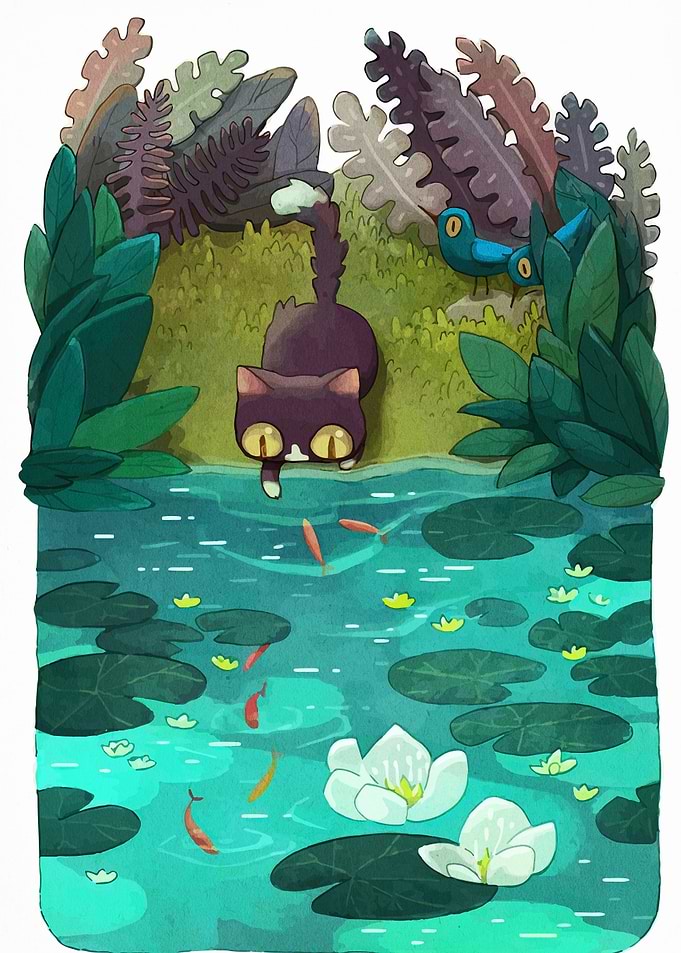 Cat Fishing in Lily Pond