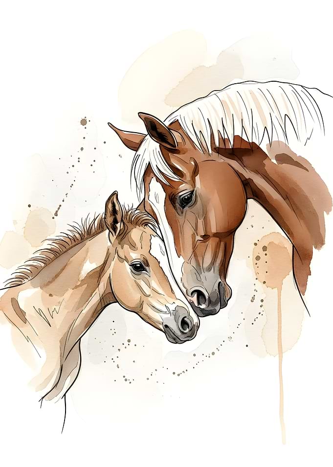 Watercolor Horse and Foal Illustration