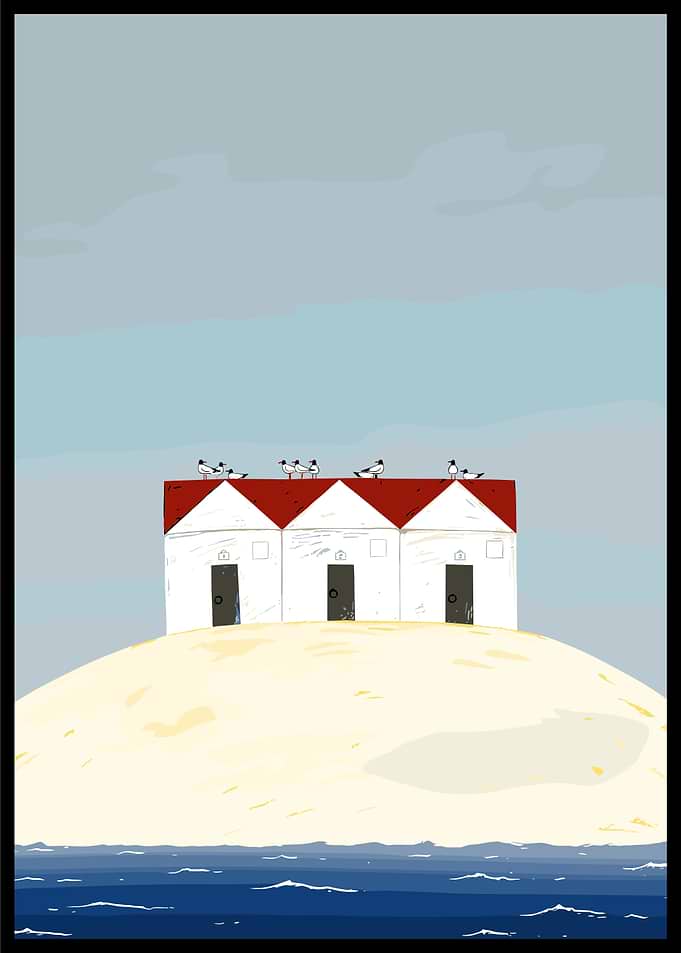 Beach Huts on Island with Seagulls