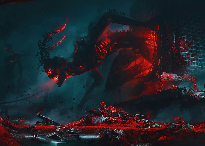 Apocalyptic Monster in Ruined Cityscape