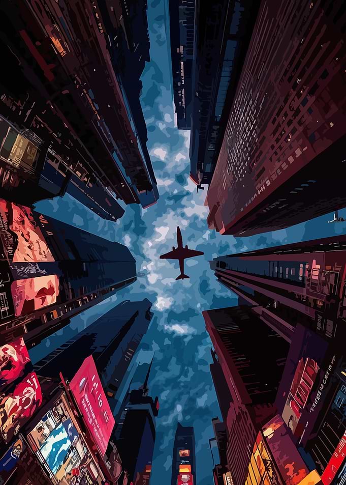 Airplane over City Buildings