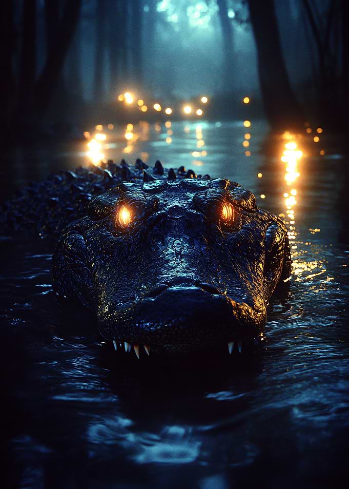 Alligator in Swamp with Glowing Eyes