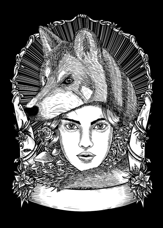 Wolf Headdress Woman Black and White