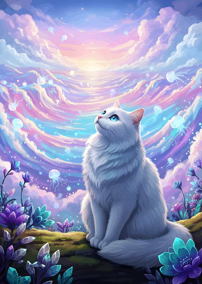 Dreamy Cat with Jellyfish Sky
