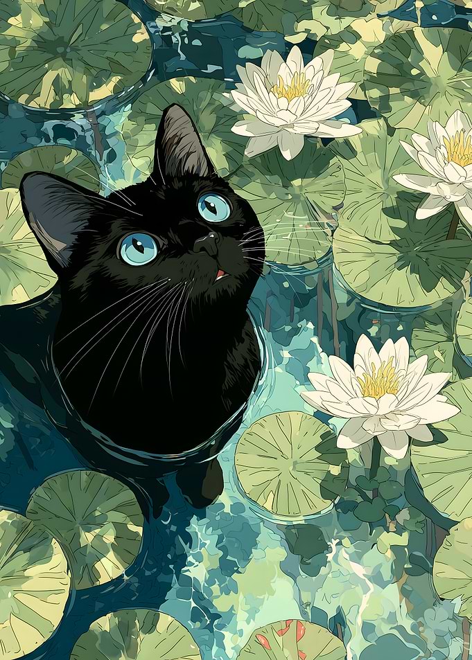 Black Cat in Lily Pond