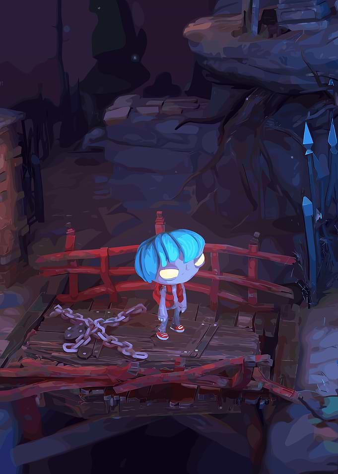 Cartoon Character on Bridge with Chains