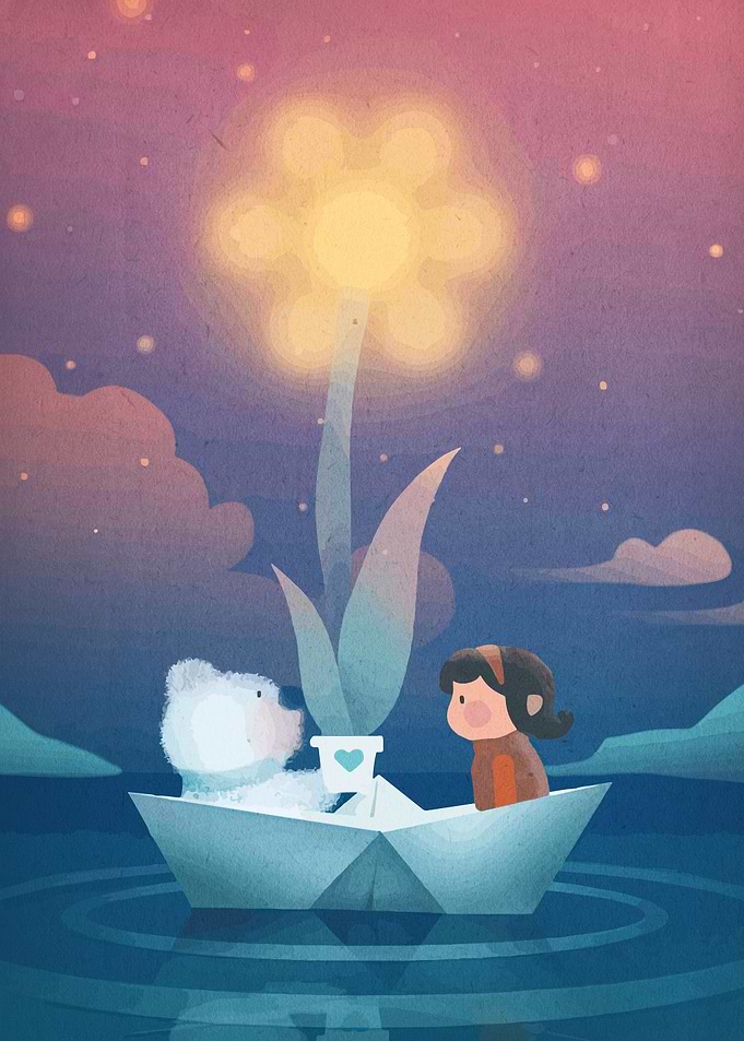 Girl, Bear, and Flower in Paper Boat