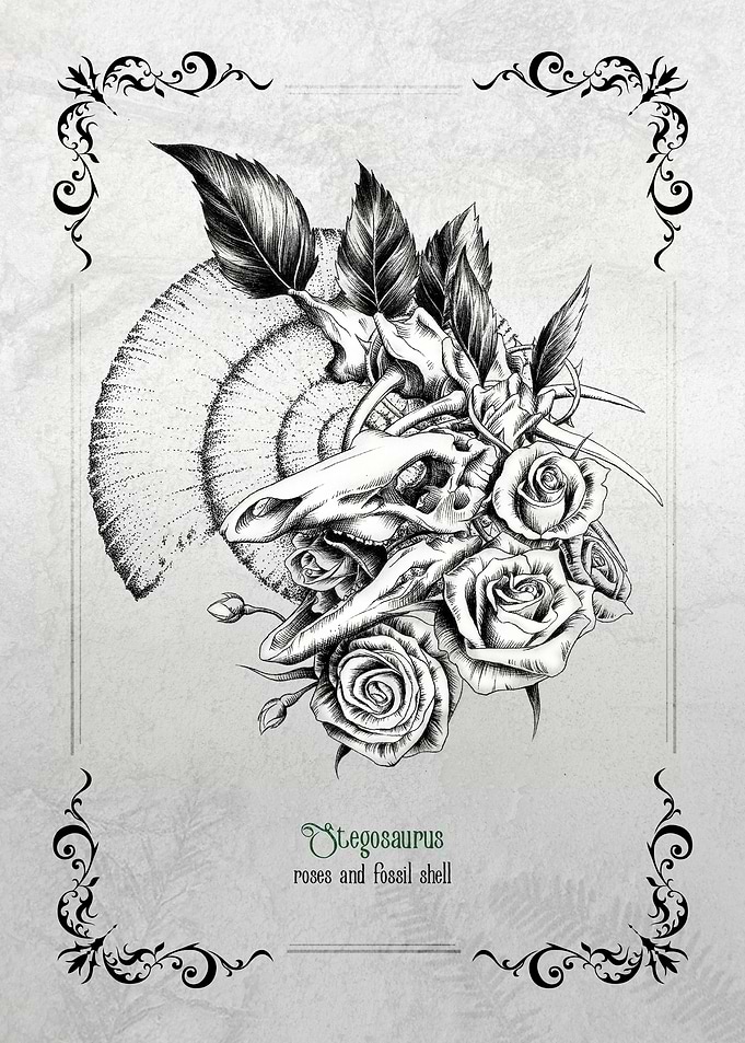 Stegosaurus Skull with Roses Illustration ( english version)