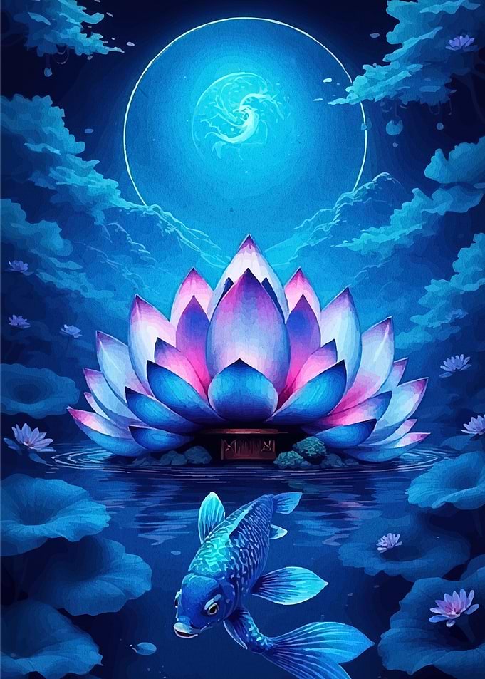 Blue Koi Fish and Lotus Flower