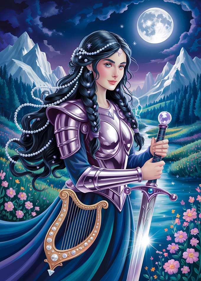 Fantasy Warrior Woman with Sword and Harp
