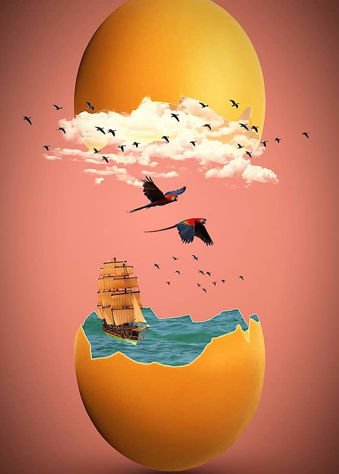 Eggshell World: Ship, Birds, and Sky