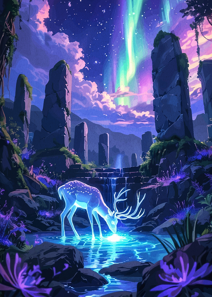 Glowing Deer at Waterfall Under Aurora