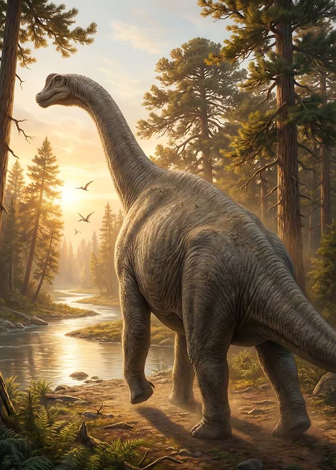 Brachiosaurus in Forest at Sunset