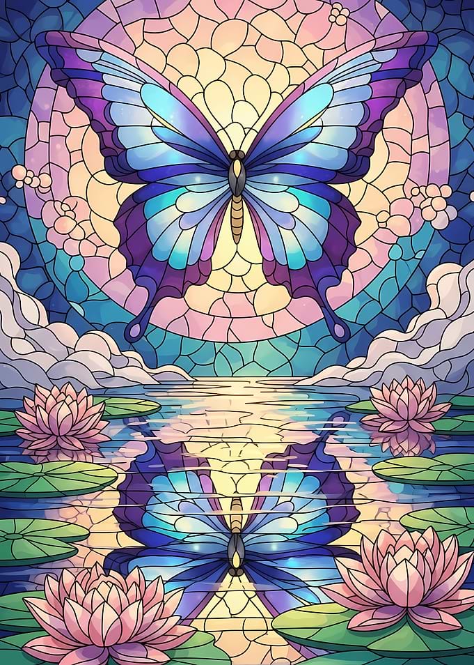 Stained Glass Butterfly and Lotus Pond