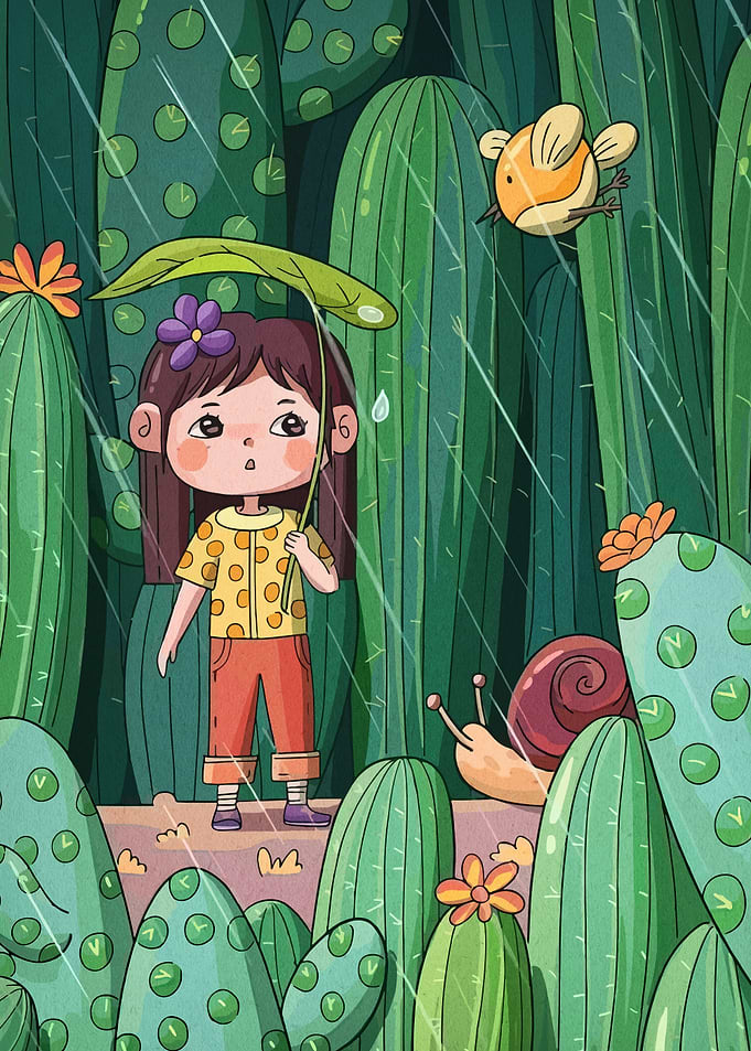 Girl in the Rain with Cacti