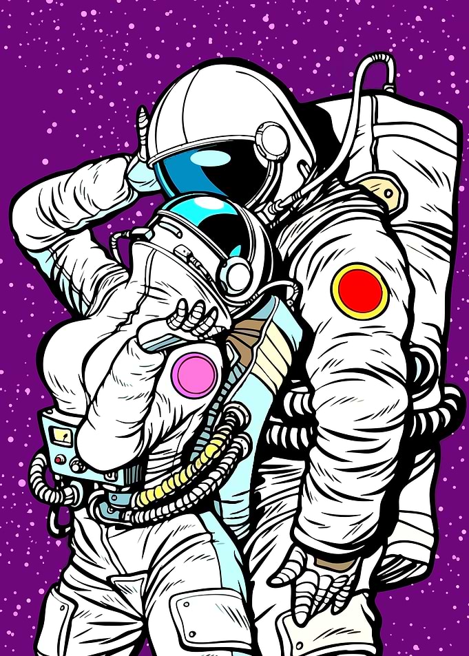 Astronaut Couple Embrace in Space