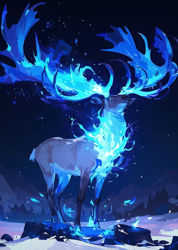 Mystical Blue Deer in Winter Landscape