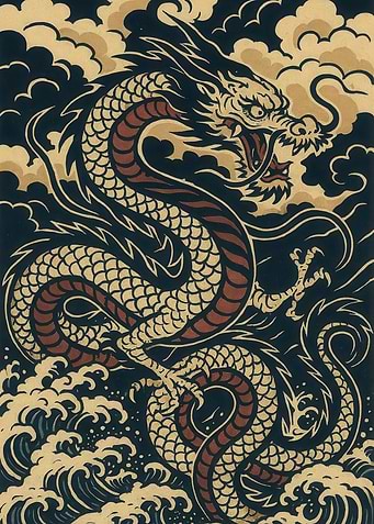 Dragon Shio in waves and clouds